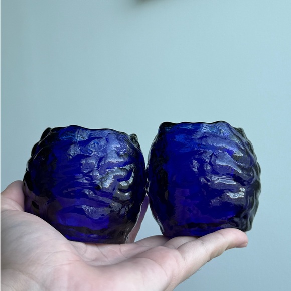 2 Vintage Cobalt Blue Brutalist Glass Votive Tealight Candle Holders - Picture 5 of 14